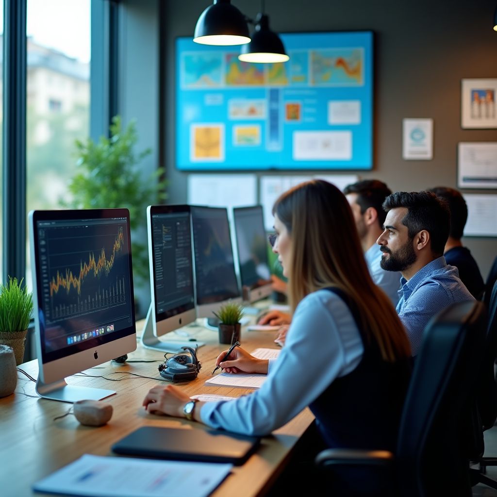 Equipo de profesionales analizando datos económicos